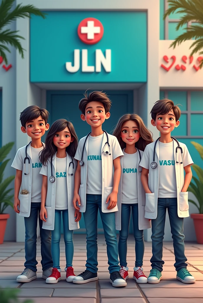 A hospital named JLN Hospital front side four boy Santosh  sazid Kunal vasu on t-shirt  and two girl Pooja  Laxmi on t shirt are dressed as doctor. 