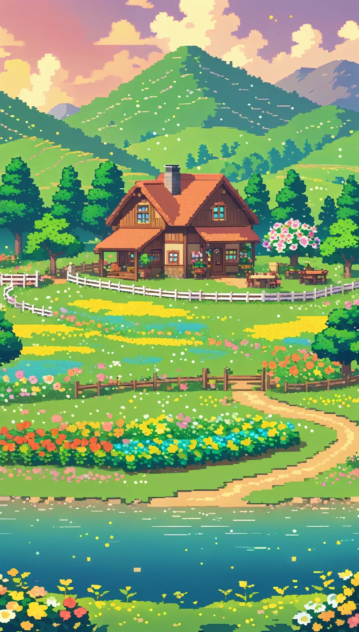 ultrawide landscape lofi stardew valley pixel farm star valley kawaii farm cottagecore, No people