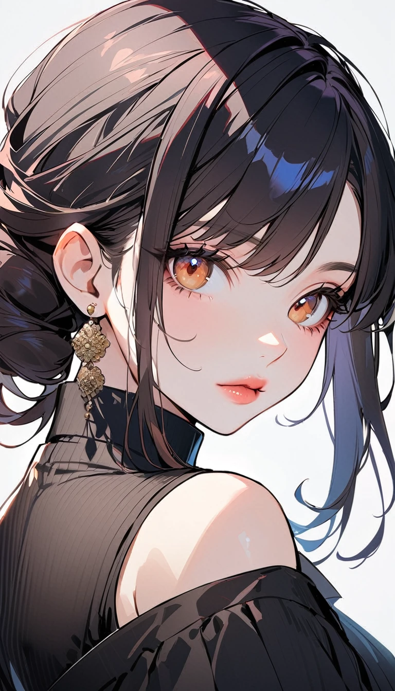 1woman, solo, french twist hair, black hair, brown eyes, wearing a simple black dress, sleeveless, looking at viewer, light pink lips, thick lips, upper body, closed mouth, shirt, earrings, white background