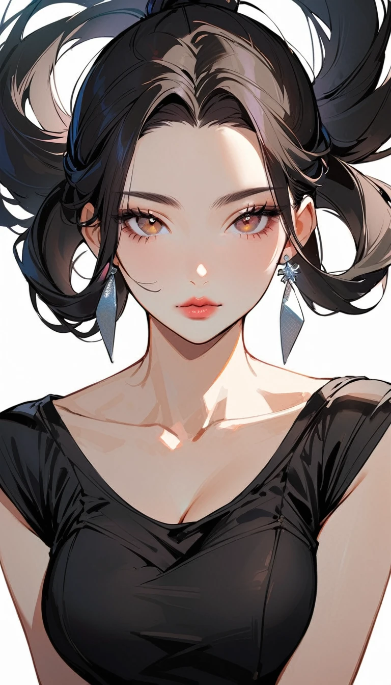 1woman, solo, french twist hair, black hair, brown eyes, wearing a simple black dress, sleeveless, looking at viewer, light pink lips, thick lips, upper body, closed mouth, shirt, earrings, white background