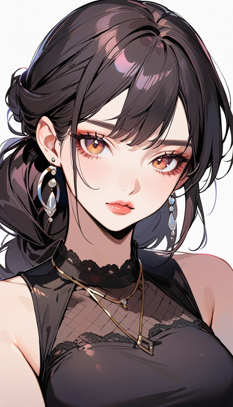 1woman, solo, french twist hair, black hair, brown eyes, wearing a simple black dress, sleeveless, looking at viewer, light pink lips, thick lips, upper body, closed mouth, shirt, earrings, white background