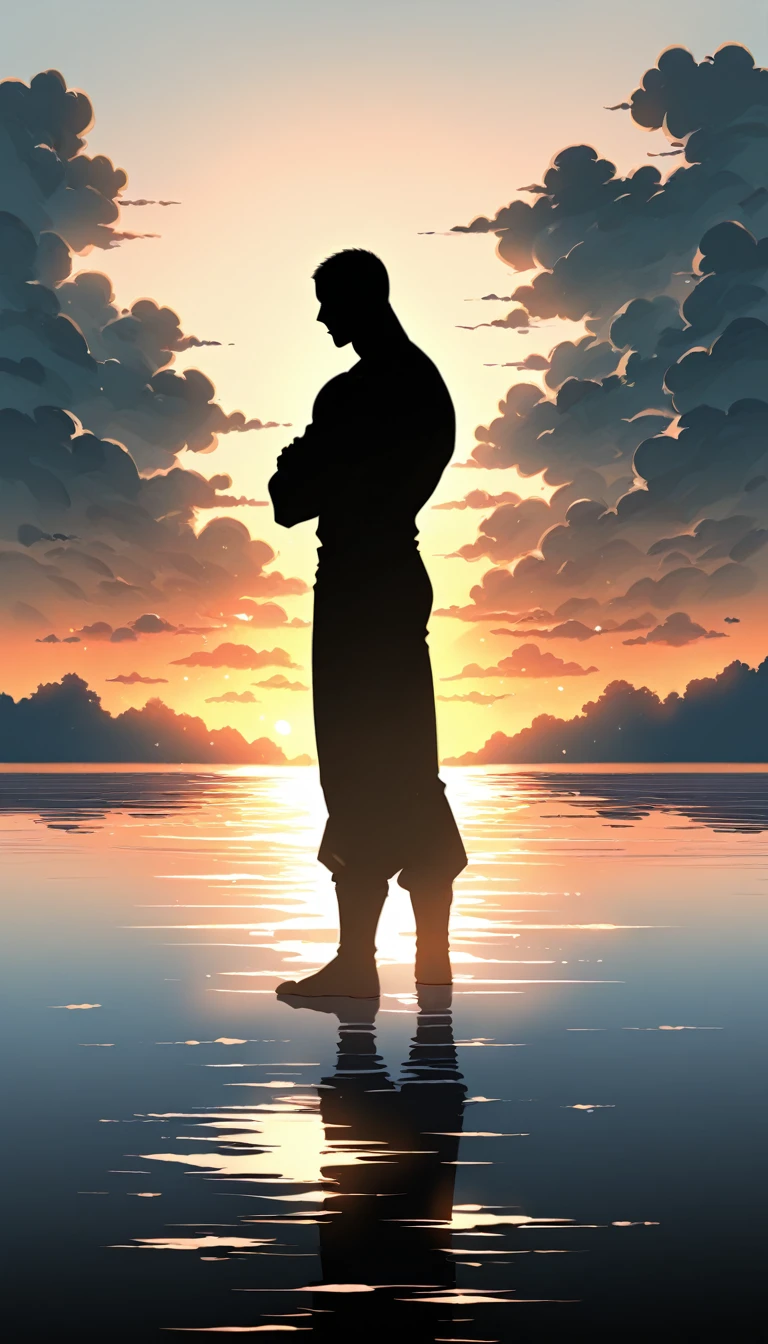 A Strong Buddhist muscular man stands in the smoke, Black jumpsuit, Very tight, Silhouette effect, Tall muscular man, Priapus, Dark Black, Dark black skin, Buzz Cut, His muscles are very developed, Very tall, short hair, Blend into the smoke, Lake, Reflection, Sunset, Sunset, Man silhouette, Chinese, black and white, Simple style