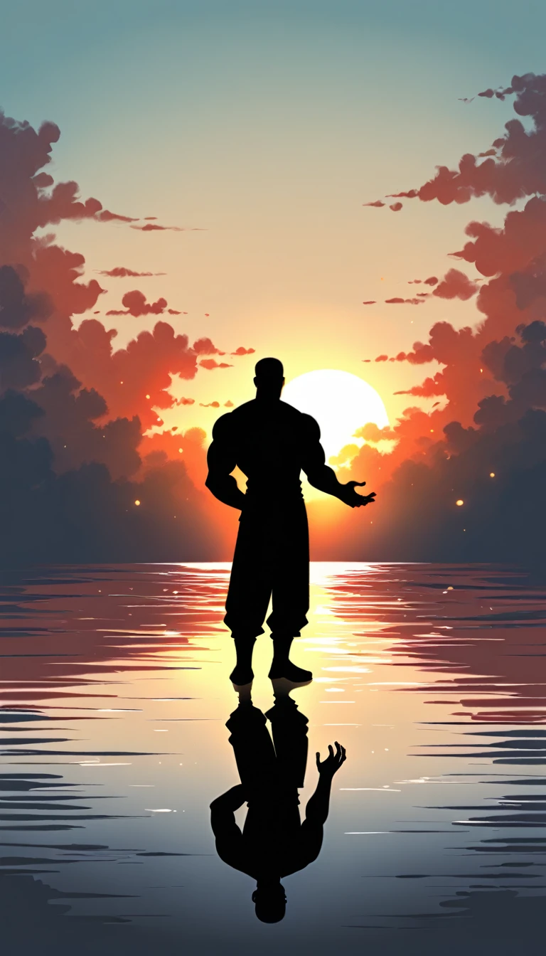 A Strong Buddhist muscular man stands in the smoke, Black jumpsuit, Very tight, Silhouette effect, Tall muscular man, Priapus, Dark Black, Dark black skin, Buzz Cut, His muscles are very developed, Very tall, short hair, Blend into the smoke, Lake, Reflection, Sunset, Sunset, Man silhouette, Chinese, black and white, Simple style