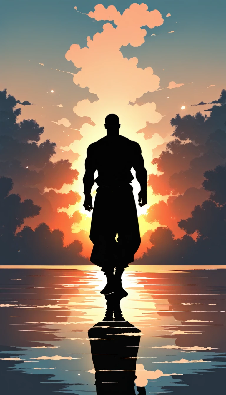 A Strong Buddhist muscular man stands in the smoke, Black jumpsuit, Very tight, Silhouette effect, Tall muscular man, Priapus, Dark Black, Dark black skin, Buzz Cut, His muscles are very developed, Very tall, short hair, Blend into the smoke, Lake, Reflection, Sunset, Sunset, Man silhouette, Chinese, black and white, Simple style