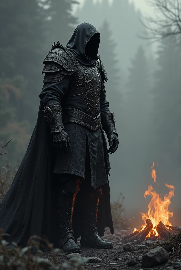 image with a warrior like the one from the Dark Souls game, image in black and with the character near a bonfire.