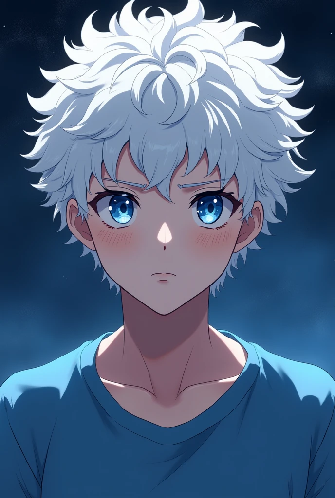 Anime boy with white curly hair, blue eyes and t-shirt, serious attitude and starry background