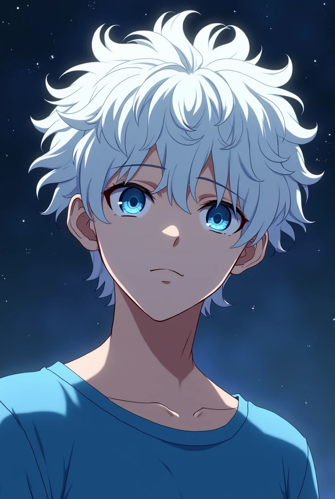 Anime boy with white curly hair, blue eyes and t-shirt, serious attitude and starry background