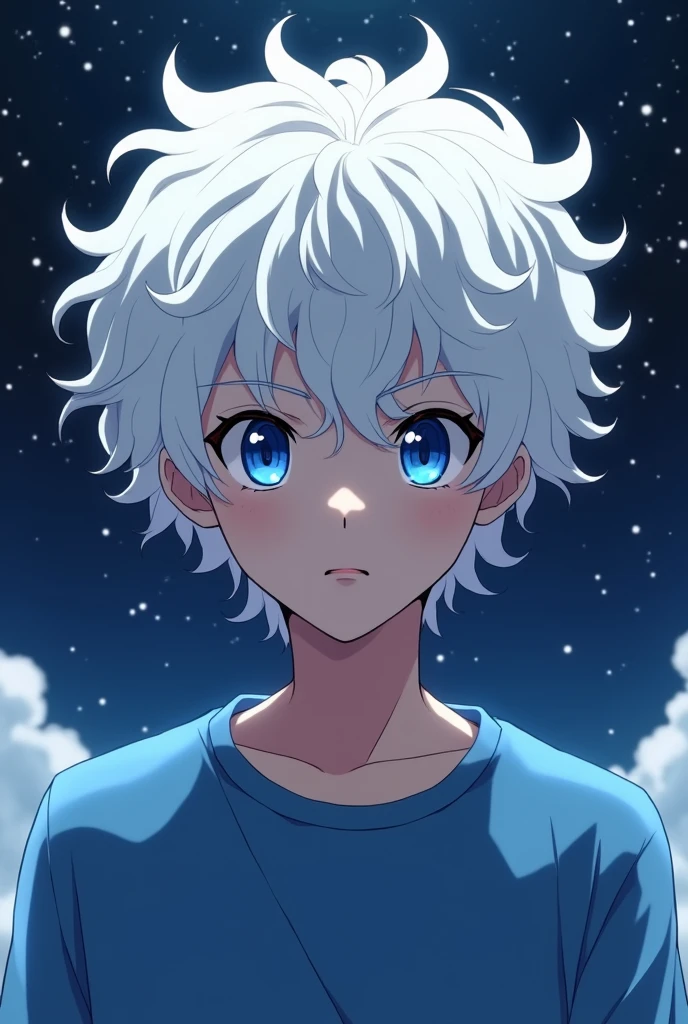 Anime boy with white curly hair, blue eyes and t-shirt, serious attitude and starry background