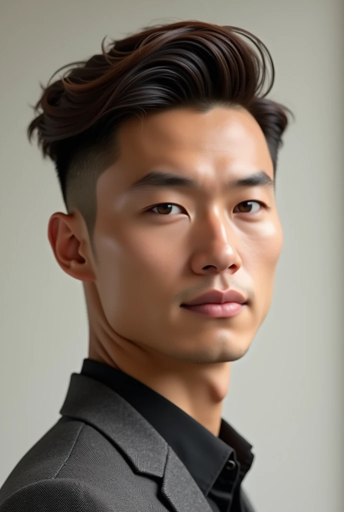 A man with an oval face with a fade haircut with a small brown