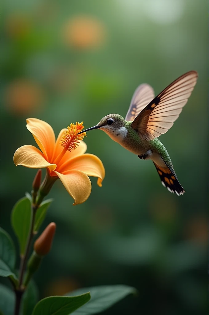 
"Generate a detailed and lifelike image of a Hummingbird Hawk-Moth hovering in front of a flower. Capture its resemblance to a hummingbird with its rapid wing movement and feeding behavior."