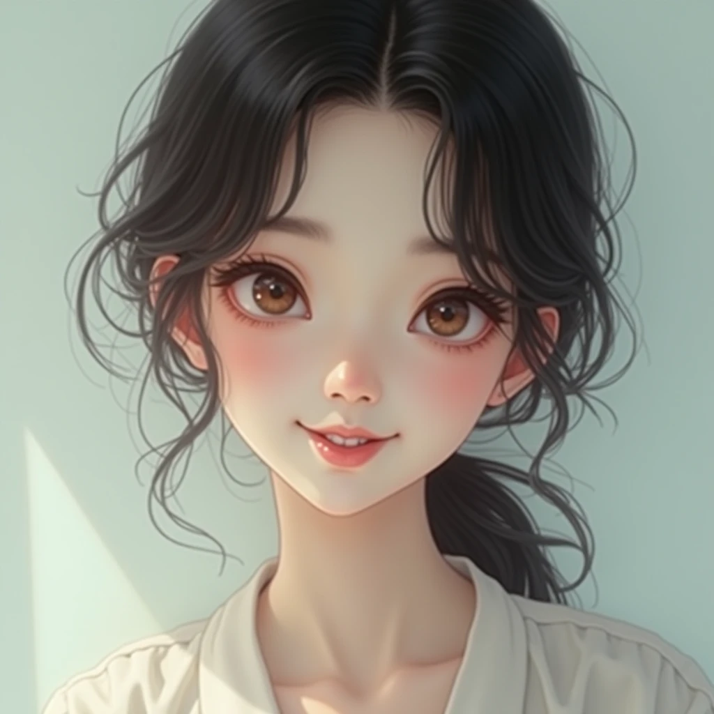 Create an image of a girl similar to Yui Arakaki.. Focus especially on the atmosphere around the eyes and hair style., and draw a person who has a similar impression to her. also, incorporate a bright smile or elegant expression similar to hers. You can organize your clothes and funds freely., but please express your cleanliness and natural charm..