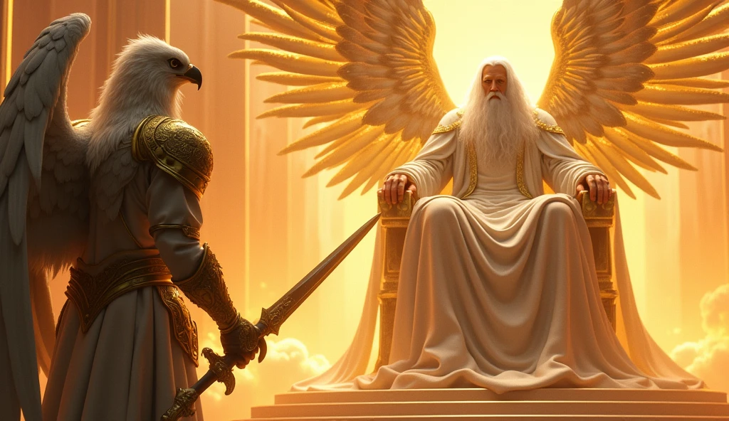 Make an angel with eagle face with gold armor and holy sword, looking upon a beautiful super vast and gigantic handsome God with firery eye, white long hair, white beard, Gold and white rob, God has no wings, seated on His thrown with firery light around him and his thrown, UHD masterpiece, realistic, 32K, 5D, Style Raw.