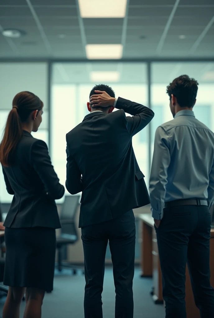 At the company office、Three men and women who are afraid of sexual harassment。Back view。Holding his head and looking scared。