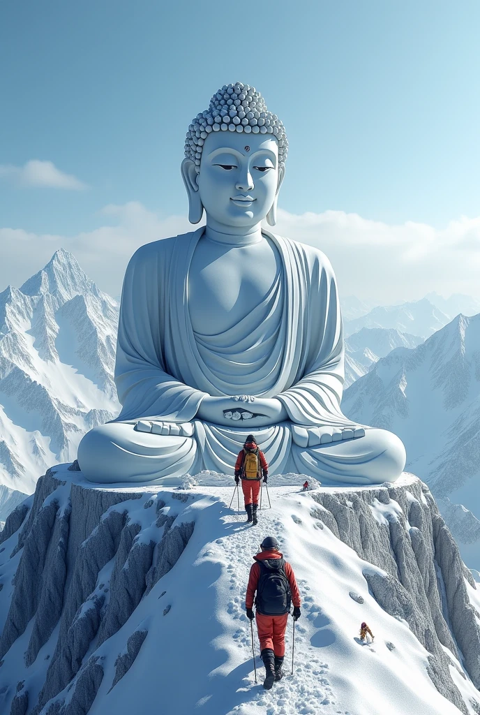 A large Thai-style Buddha statue is located on the top of Mount Everest. There are climbers dressed in cold protection gear and wearing oxygen masks climbing up the mountain. High-resolution 16K 3D image.