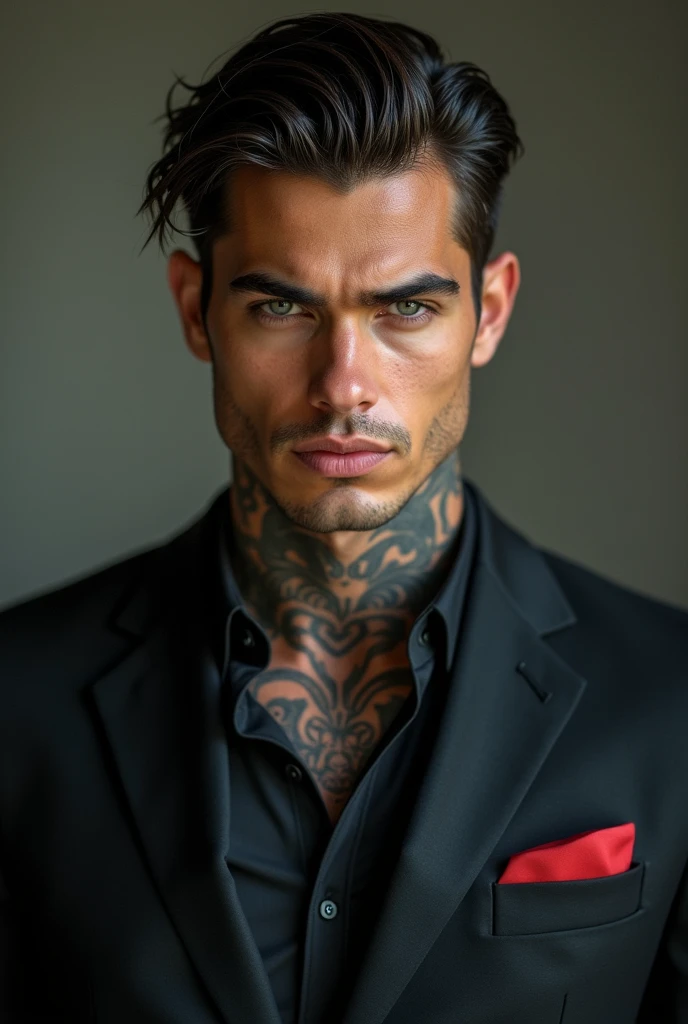 realistic image, ultra HD, 8k, attractive man,comely, Youngh, mafioso serious look, using suit, tatuados