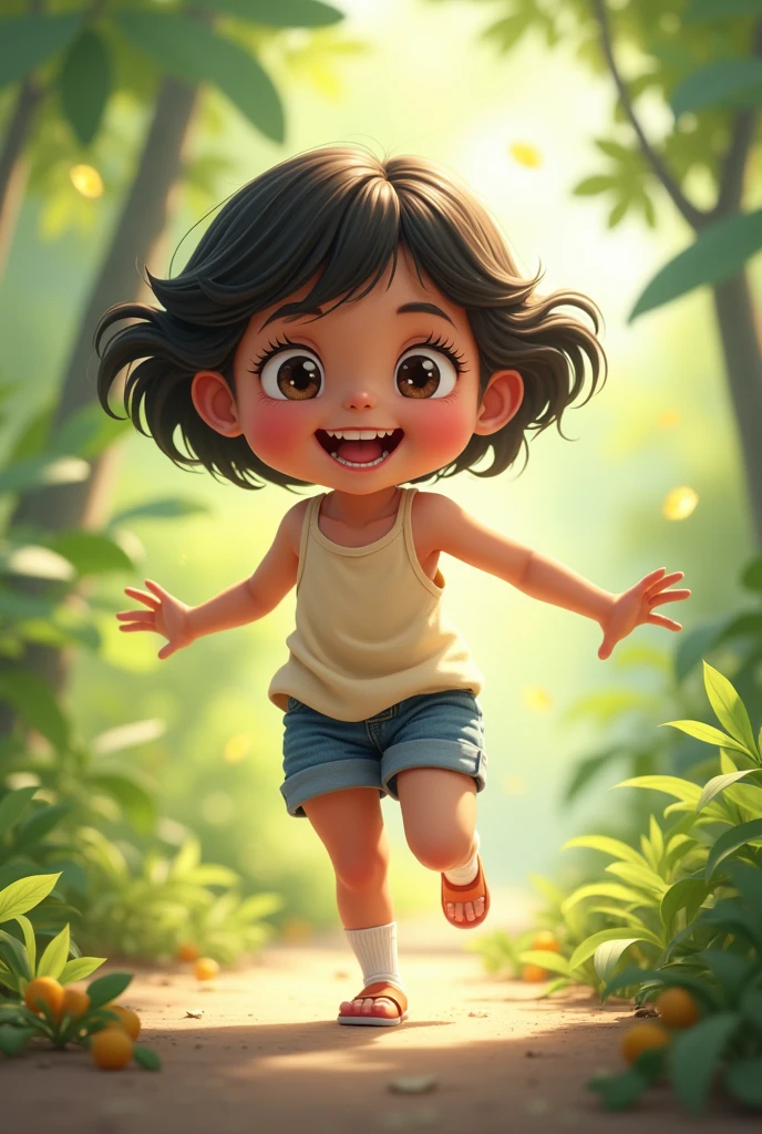 1girl,,(petite),outdoor,grin,camisole,navel,denim shorts,socks,short hair,black hair