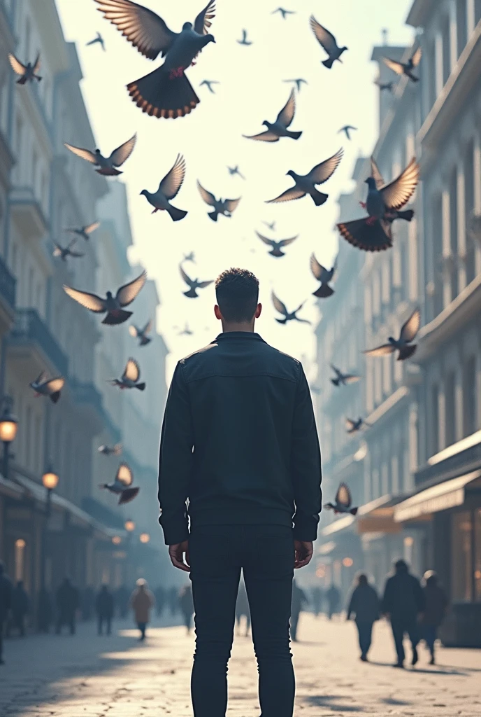 Person standing with back turned with pigeons flying around