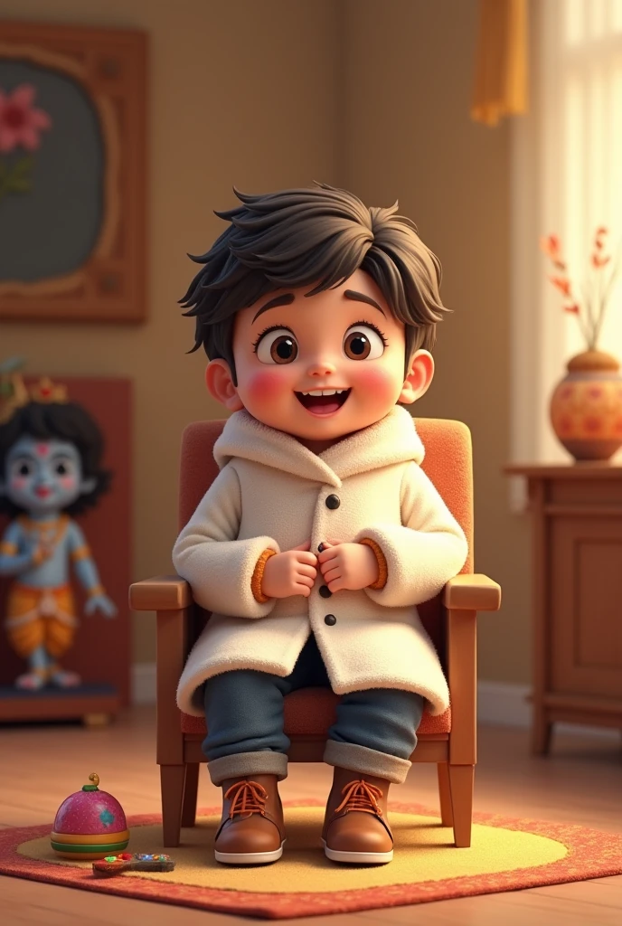 White coat wear a adult boy sitting on chair with write a tag name CHO on white coat front side with happy Krishna Janmashtami with krishna photo