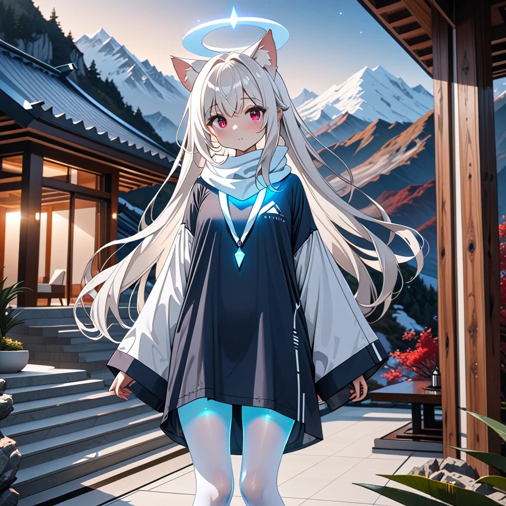 masterpiece, highest quality, highest resolution, clear_image, detailed details, white hair, long hair, 1 girl, cat ears, red eyes, futuristic halo, oversized shirt, white scarf (around the neck withn a light blue glow), white pantyhose, full body, no water marks, no panties, in mountain villa