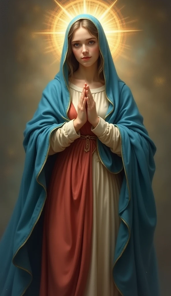Sexy Virgin Mary, Reddish beige tunic, Blue cloak and veil, Halo, whole body