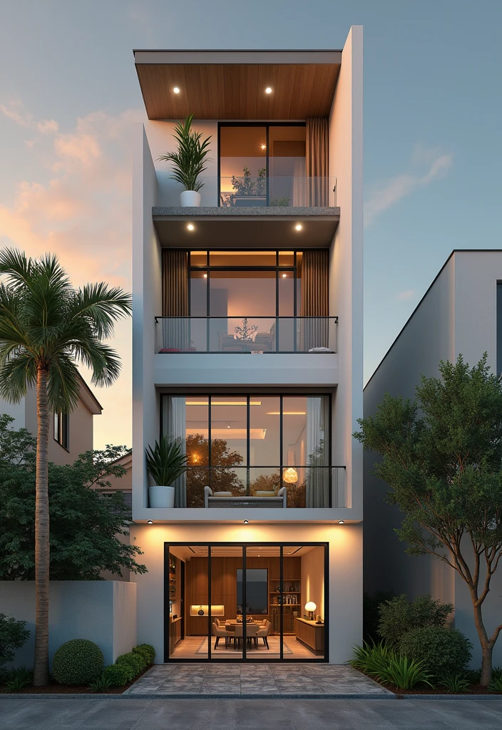 maison de ville moderne sur rue, (sun set), arbre tropical, couleur vive, paysages de rue, white tone, white wall, Large glass door, (Warm interior lighting:1.2), wood and marble, best quality, 18ArchiAI_VL-v1