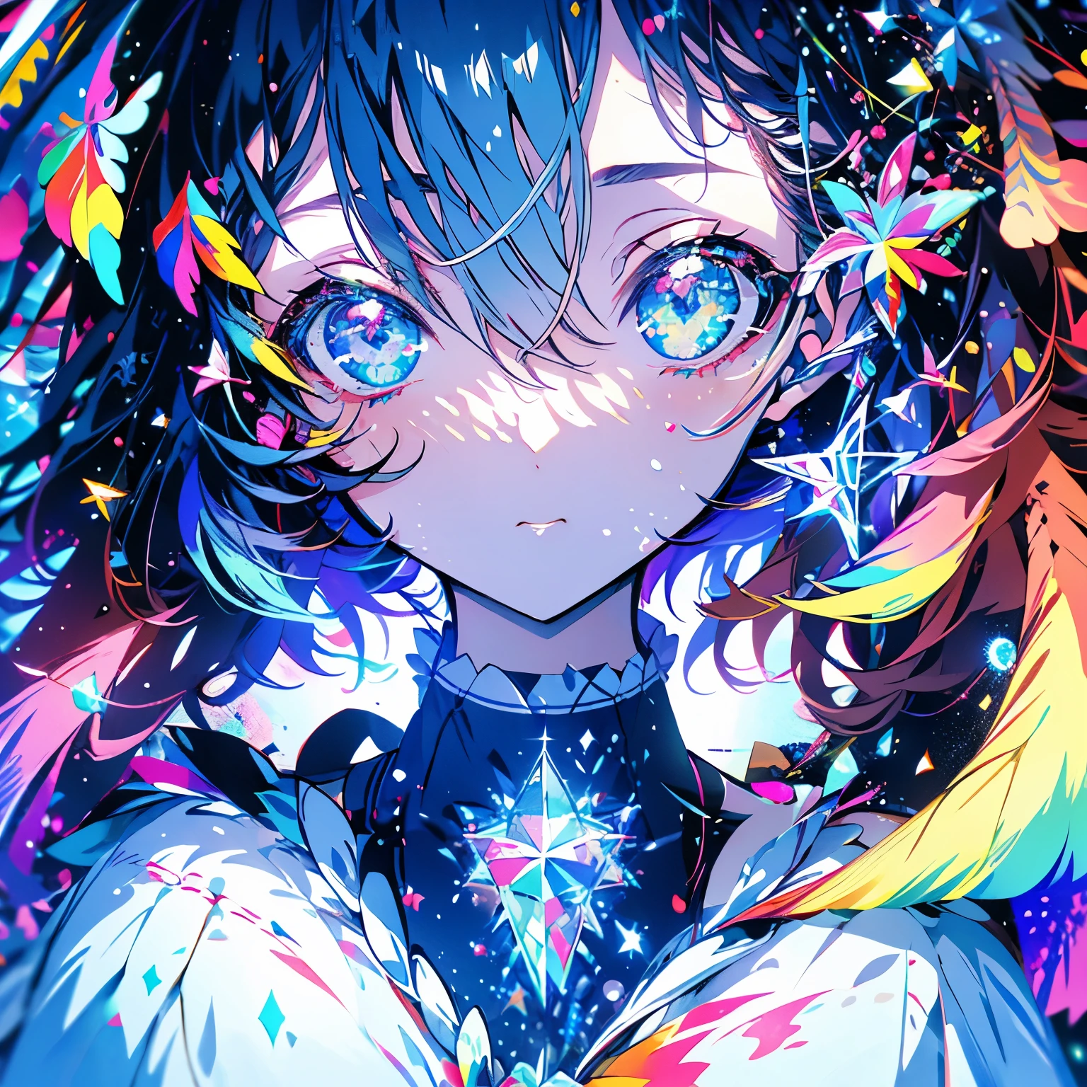 masterpiece、girl、Rainbow colorsの髪、Sparkling eyes、Serious face、Shining Background、Starry Ski、Rainbow colors、(((The character "haru")))