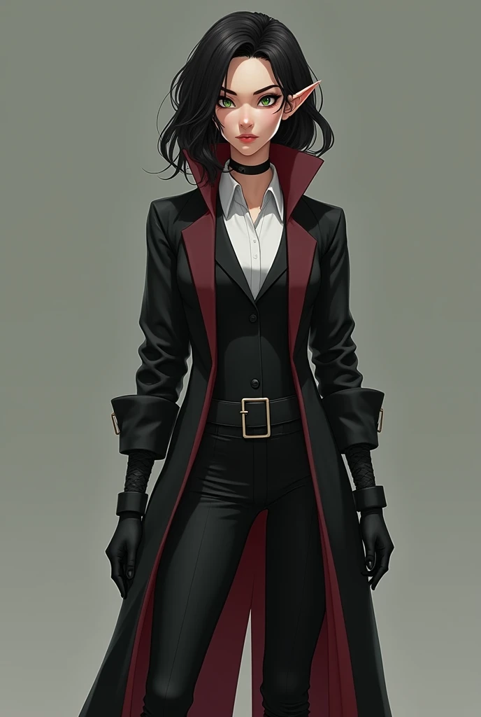 An animated female elf character with shoulder-length hair, wavy and dark, black, with an asymmetrical hairstyle that partially covers one side of her face. His eyes are a deep green color. She is wearing a black outfit that includes a long, tight-fitting jacket., with long sleeves and shorts . The jacket has a belt tied at the waist., that fastens in the front. He has a white button-down shirt and a wine-red jacket.. Wear gloves and high boots, ambas black. The posture and facial expression suggest that she is ready for a battle or quick action.. She is tall and serious.