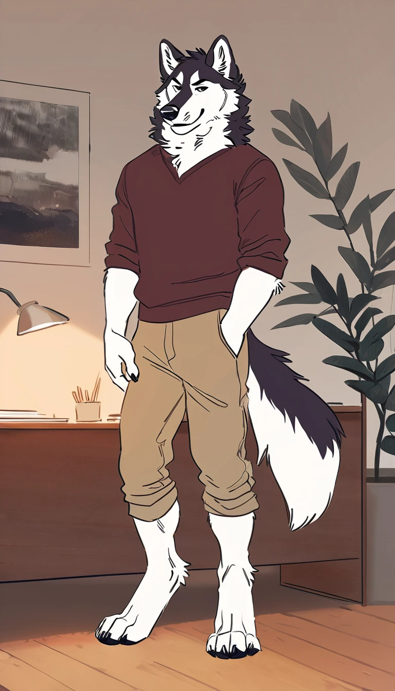 solo, male, anthro (striped husky), by tritscrits, (by botch:0.7), digitigrade, digital artwork, (flat colors:1.3), striped brown husky tail, mature male, sexy, ((detailed background)), athletic, white fur, looking at camera,