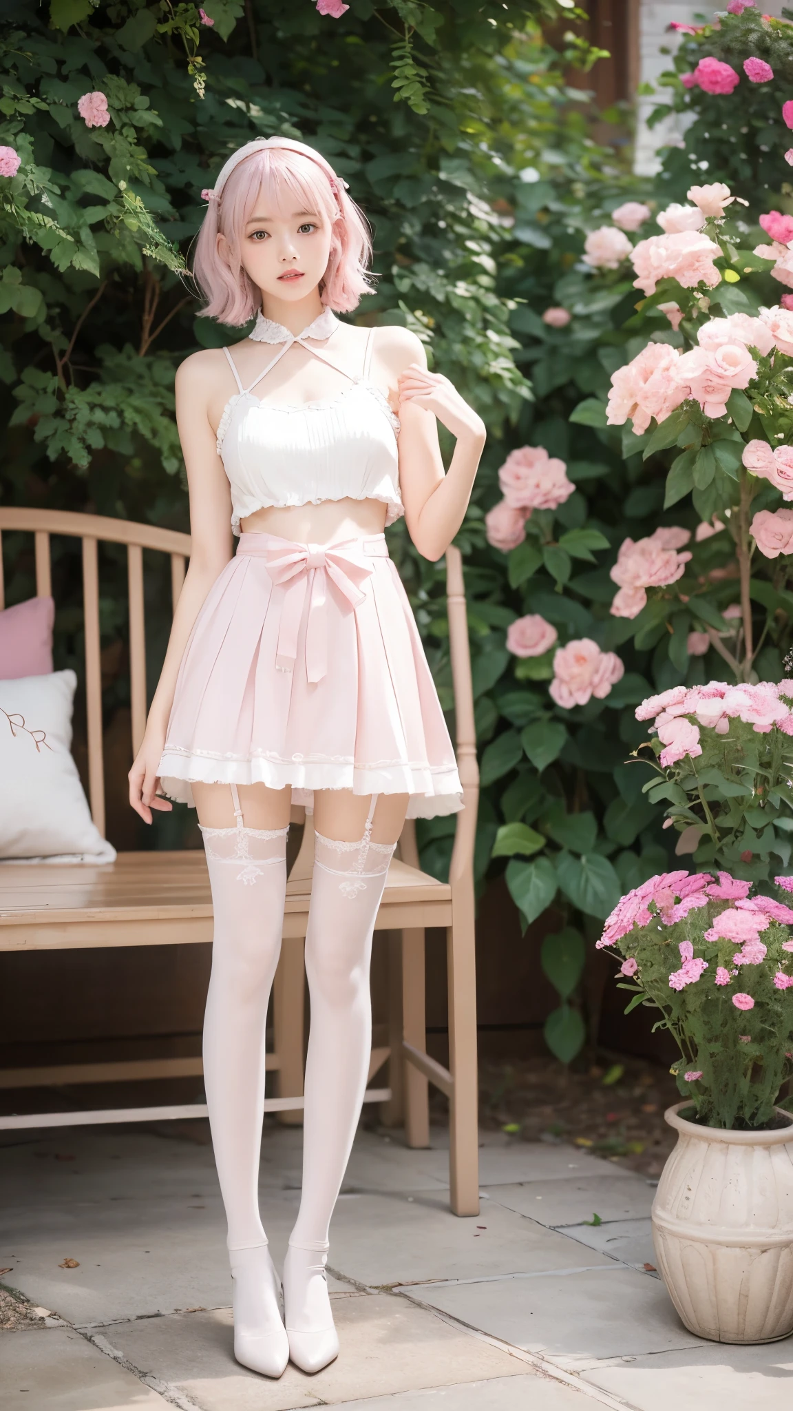 detailed background,(dramatic angles), (size difference), pink striped stockings, long stockings, pink hair, short hair, bangs, 1girl, 20 years old, Light green eyes, white hair band, Asian woman, skin indentations, cute, skinny, short:1.9 ,micro waist, slim body, thin body, white headband, full body focus, short skirt, shoulder length hair, pink stockings