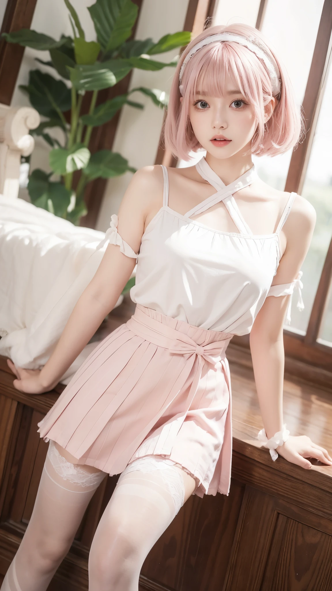 detailed background,(dramatic angles), (size difference), pink striped stockings, long stockings, pink hair, short hair, bangs, 1girl, 20 years old, Light green eyes, white hair band, Asian woman, skin indentations, cute, skinny, short:1.9 ,micro waist, slim body, thin body, white headband, full body focus, short skirt, shoulder length hair, pink stockings