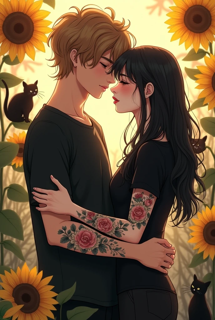  but with a boy with light brown hair, a little bit cheesy, with curly hair tall white skinny, very white cute, 20 years old white girl with long black hair, cut in layers and thick lips, short in stature, not in fancy dresses but in cool clothes, the with. Black t-shirt and pants below, She dressed in black and modern, She has tattoos on her arm all over her arm of a kuromi, some cats, some flowers, She is not so thin but not chubby either and they both love each other very much with their eyes closed and cats and sunflowers Gothic style 
