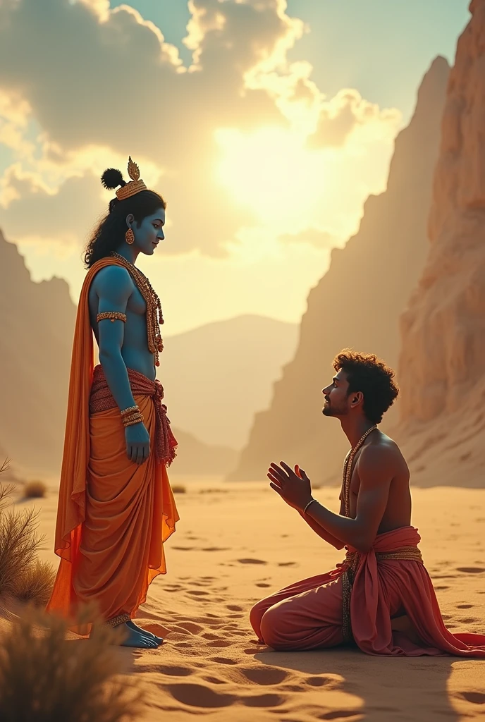 (photorealism:1.2) Rajasthani young man 2 praying with krishna God and Krishna is blessing the person in open sky and in desert 
