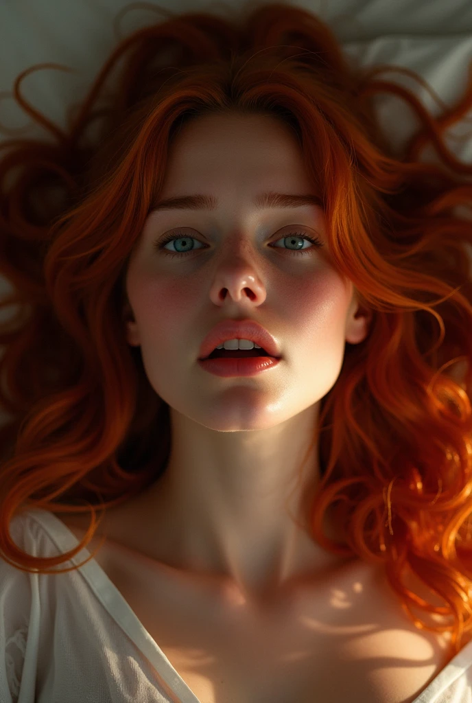 a red-haired girl with long hair, blue eyes reaching orgasm