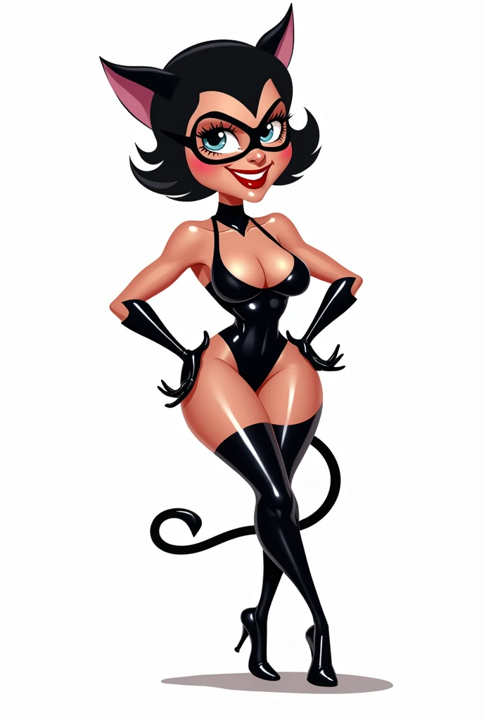 Caricature of cat woman, no hair,sexy pin-up pose, white background