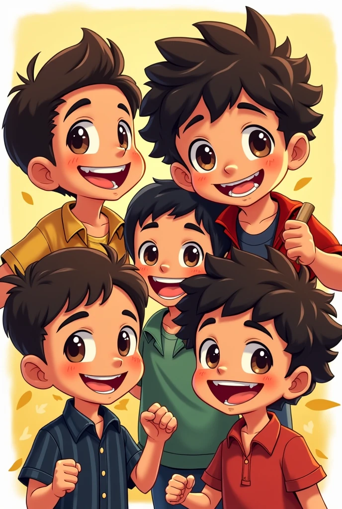 Create a cartoon style illustration with five boys, each with specific physical characteristics and expressions, faithfully representing their appearances as per a reference photo. Here are detailed descriptions of each of them:
1. **First Boy (Top Left):**
- **body hair:** This boy has short hair, smooth and dark brown, right side hairstyle. The hair is thick and well-groomed, with a slight volume on the sides, highlighting a classic and well-behaved style.
- **muka:** He has a round face with slightly full cheeks., giving it a youthful and friendly appearance. Your eyebrows are thick and dark, matching your hair perfectly. The eyes are large and dark brown in color., transmitting sympathy and joy. Your nose is small and well proportioned, e ele exiband a wide smile, showing white, straight teeth. The general expression is friendly, Warm and welcoming.
- **vestimentas:** He is wearing a black button-down shirt with light patterns in the shape of leaves or branches.. The shirt appears to be made of a soft, lightweight fabric., with the sleeves slightly rolled up. He is holding something with his left hand, although the object is not clearly visible in the image.
2. **Second Boy (Higher Center):**
- **body hair:** This boy has short hair, black and curly. Your curls are well defined and full, falling naturally over the forehead and sides of the head. The hair has considerable volume on top, giving it a youthful and energetic appearance.
- **muka:** Your skin is slightly brown, with a golden hue that reflects its exposure to the sun. He has an oval face with prominent cheeks., which accentuates your youth and energy. His eyes are large and light brown, shining with a cheerful and lively expression. The eyebrows are thick, but well cared for, complementing your expressive eyes. He has a small, rounded nose, and a wide smile