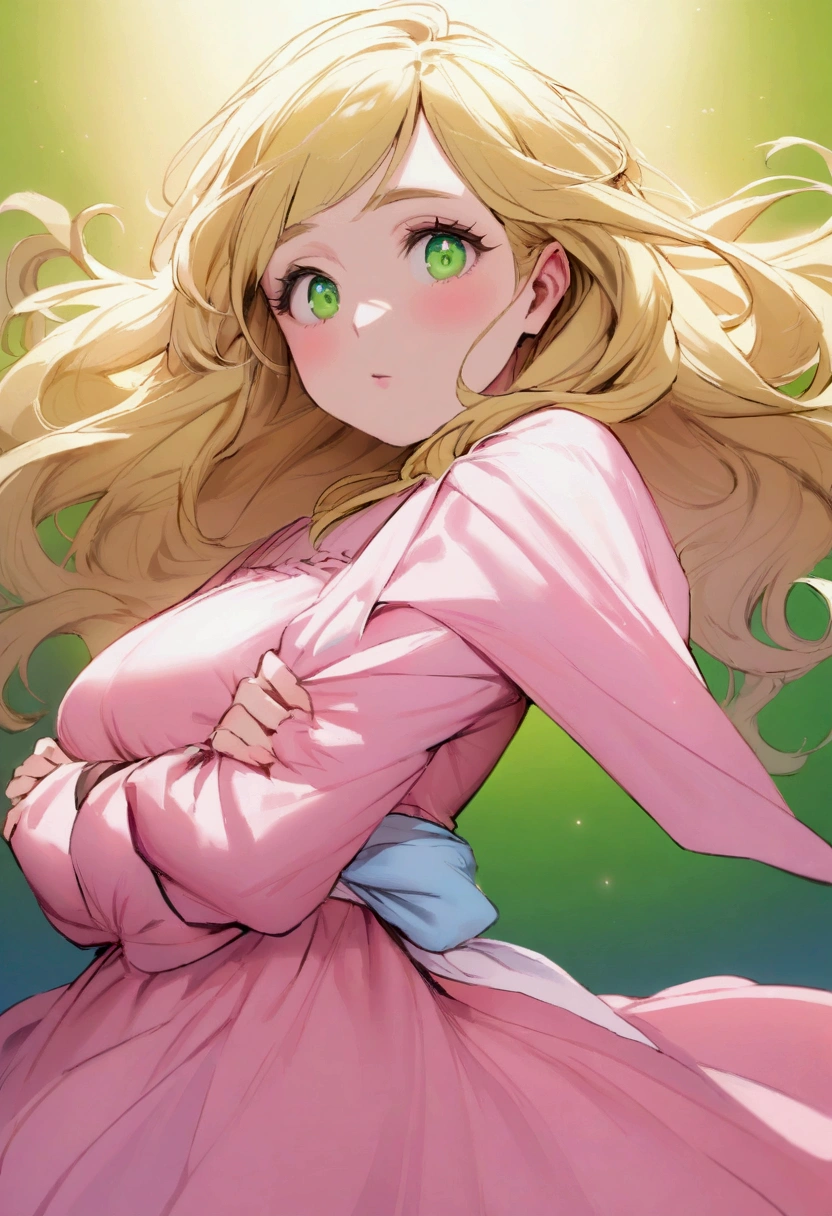 A fat blonde green eyed woman with tied blonde hair wearing a pink dress, She must have her arms crossed and the background behind her is all blue 