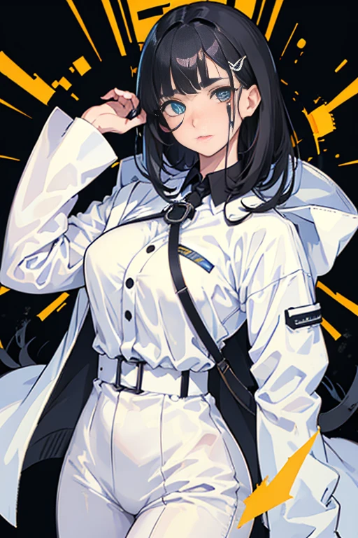 Girl with black hair falling to her shoulders, white and yellow heterochromia, white scientist coat, black business clothes underneath, burn scar on her face, burn on her face, scars