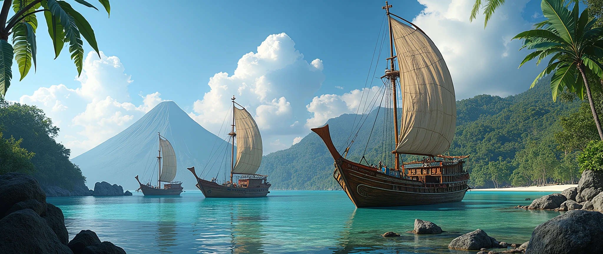 Ancient Ternate island, Maluku, Indonesia, Corcora ships with outrigger, kora-kora, hyper realistic, masterpiece, best quality, ultra-detailed, UHD, 64K