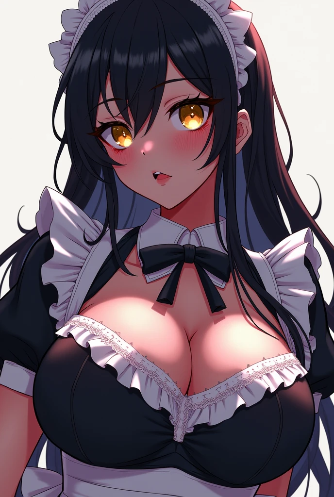 アニメ, skin black, long black hair, light yellow eyes, breasts big, maid outfit.