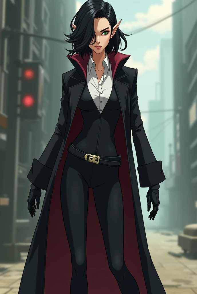 An animated female elf character with shoulder-length hair, wavy and dark, black, with an asymmetrical hairstyle that partially covers one side of her face. His eyes are a deep green color. She is wearing a black outfit that includes a long, tight-fitting jacket., with long sleeves and shorts . The jacket has a belt tied at the waist., that fastens in the front. He has a white button-down shirt and a wine-red jacket.. Wear gloves and high boots, ambas black. The posture and facial expression suggest that she is ready for a battle or quick action.. She is tall and serious.