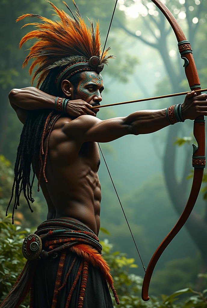 Orisha Oxossi shooting an arrow with feathers on his head 