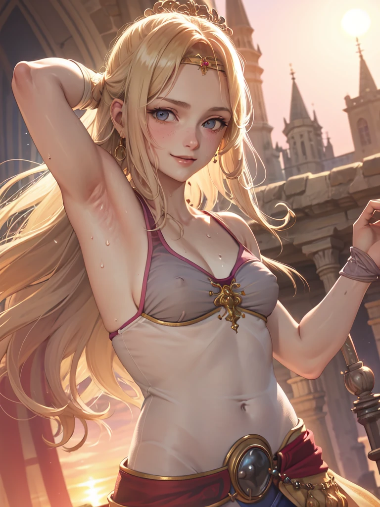 Armpit Show,masterpiece, Highest quality, Rosafarell, Pauldrons, Circlet, camisole, Elbow hand pockets, Waist clothes, Upper Body, View your viewers, smile, Medieval architecture, null, sunset, sweaty, sweat armpits, close up, sweaty body