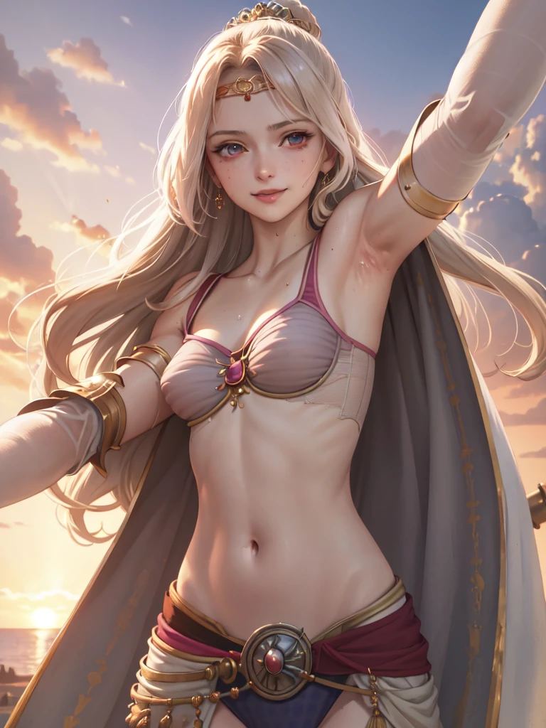 Armpit Show,masterpiece, Highest quality, Rosafarell, Pauldrons, Circlet, camisole, Elbow hand pockets, Waist clothes, Upper Body, View your viewers, smile, Medieval architecture, null, sunset, sweaty, sweat armpits, close up, sweaty body