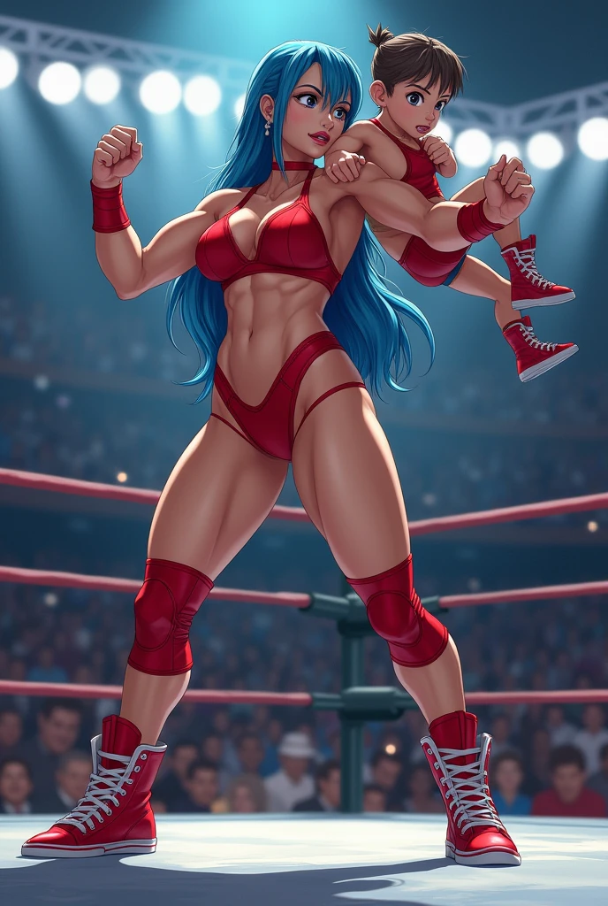 Wrestling, a girl named Tina, with blue hair,in red sneakers, picked up a boy named Vi, Tina lifted Vi, You carry Tina, around the ring on hands, dominance