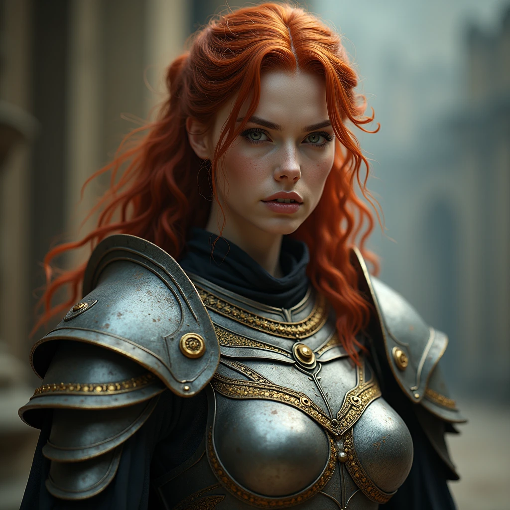 1 woman, in the mouth, armor,, Red hair, battle pose, Photorealist, Hyperrealist, hyperdetailed, analog style, tilted hip, demure, low cut, detailed skin, matte skin, Soft lighting, subsurface dispersion, realist, heavy shadow, masterpiece, Best Quality, ultra realist, 8k, golden ratio, Intricate, High detail, film photography, soft focus, blurred background