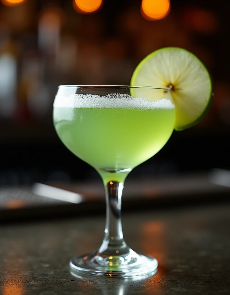 Apple martini cocktail on a bar, 85mm close up shoot, professional photography