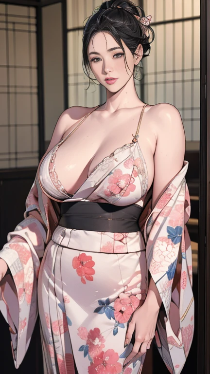 1,Japanese hairstyle,Photorealism,detailed,masterpiece,mature,((full)), (Broad shoulders), ((Huge)),Plus size mature women,expensive,30 years old,Pretty face, (Plump woman),Beautiful long-sleeved kimono,kimono,Hold your chest with both hands:1,high quality,Are standing,High Resolution 4K Information,Kyoto,