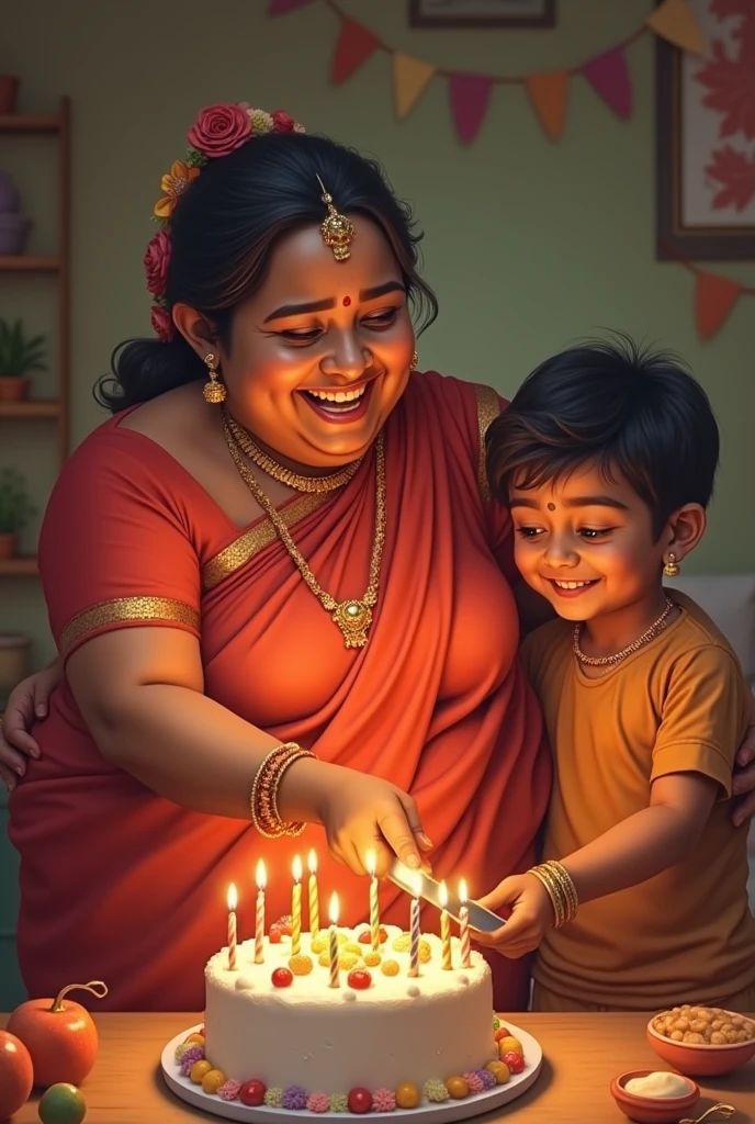 Indian Chubby women birthday cake cutting with young boy