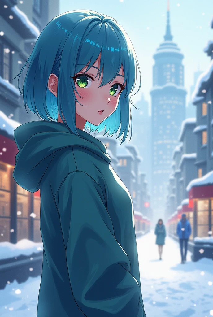 Best quality,ultra high resolution,1 girl,One,whole body,snow,city,, blue hair,green eyes,J.TO.,,