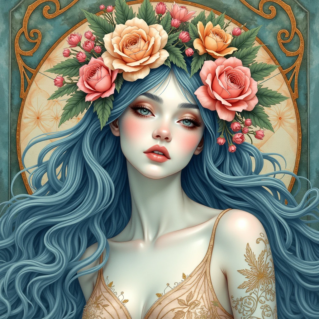 An ultra-fine, detailed watercolor painting of a beautiful woman with flowers in her hair., in the style of Alphonse Maria Mucha and Gustav Kilmt, Art Nouveau accents, fairy princess, anthropomorphic woman, female figure, Detailed cover, like the goddess of flowers, Alphonse Mucha, Gustavo Klimt, pale bluish skin, a marble sculpture, society, Gothic art, Art Nouveau, behavior contest winner